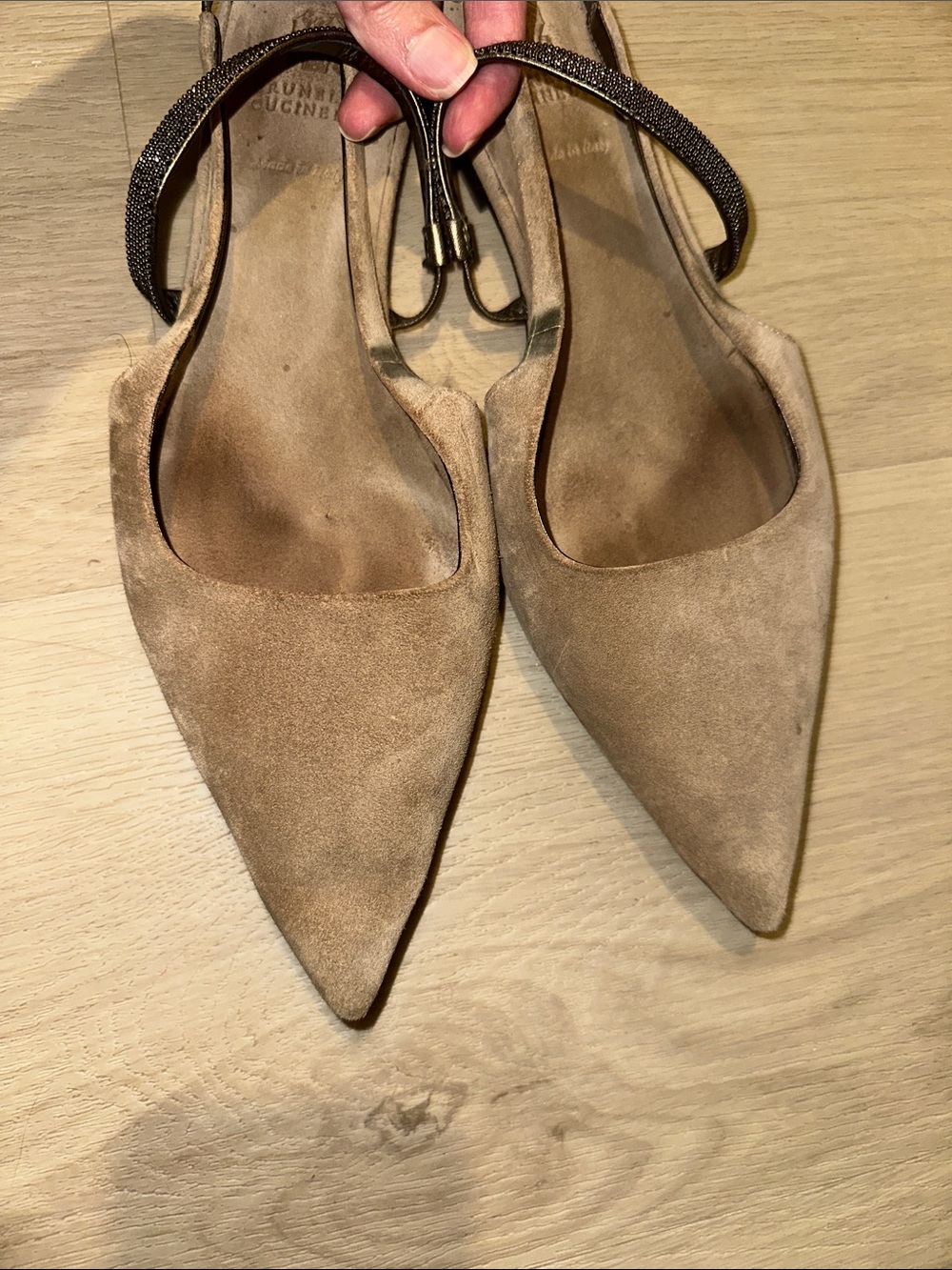 Brunello Cucinelli Taupe Pointed-Toe Slingback Mules with Monili Strap - Picture 3 of 13